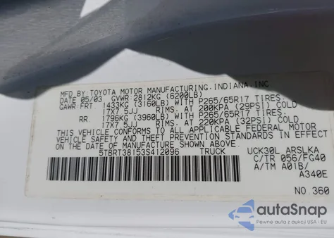 2003 Toyota Tundra Ltd V8 from USA, damaged, VIN 5TBRT38153S412096